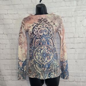 B.FRIENDS Y2k Boho Artistic Blue and Nude Pink Long Sleeve Top Bling Detail S